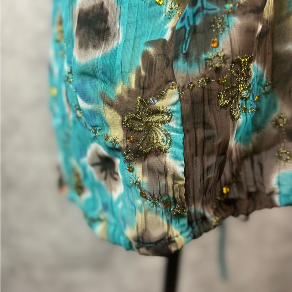 Peter Nygard Turquoise and Brown Floral Gold Threading & Sequence Blouse Size 14 - Picture 9 of 12